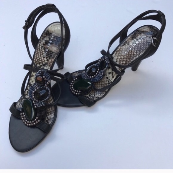 GIANNI BINI BLACK STRAPPY Embellished Stone Heels - Picture 2 of 7